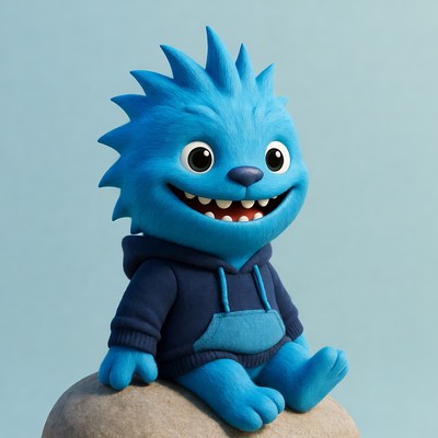 Blue furry monster sitting on rock