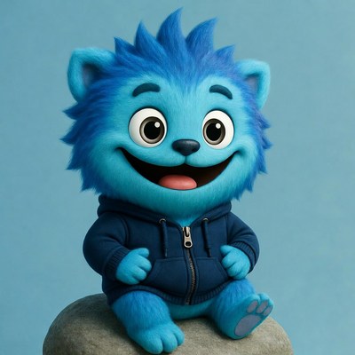 Blue furry monster sitting on rock