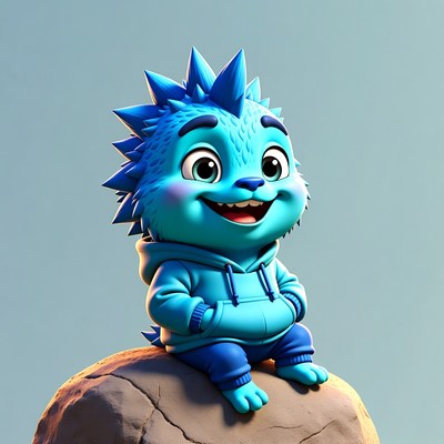 Cute blue spiky cartoon creature on rock