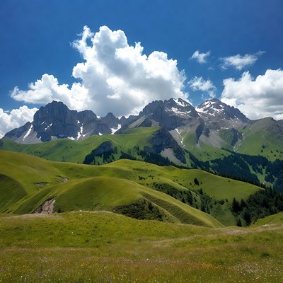 Green Mountains with Snow Peaks