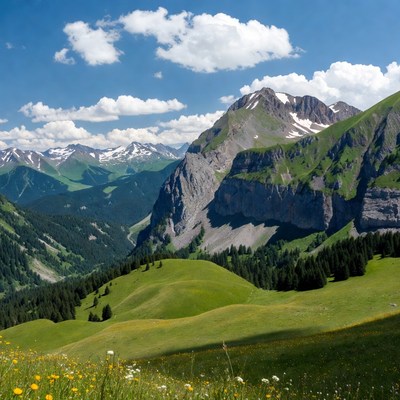 Snow-capped Mountains and Green Alpine Meadows