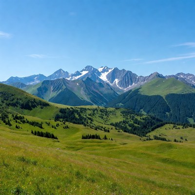 Snow-capped Mountains in Green Valley