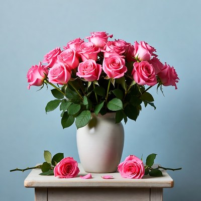 Pink Roses Bouquet in White Vase