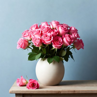 Pink Roses Bouquet in White Vase