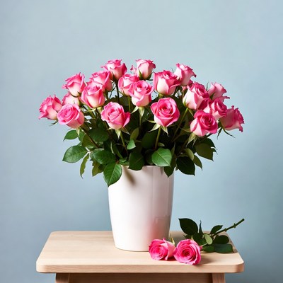 Pink Roses Bouquet in White Vase