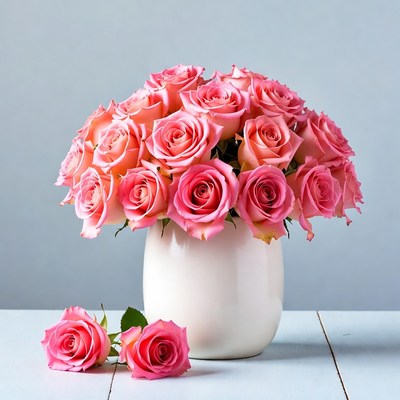 Pink Roses Bouquet in White Vase