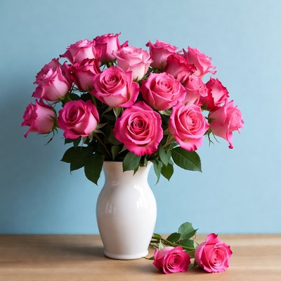 Pink Roses Bouquet in White Vase