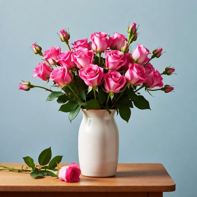Pink Roses Bouquet in White Vase