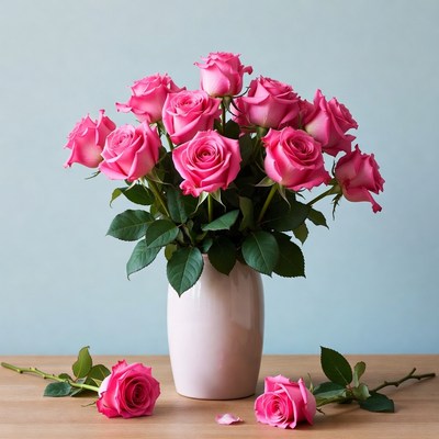 Pink Roses Bouquet in White Vase