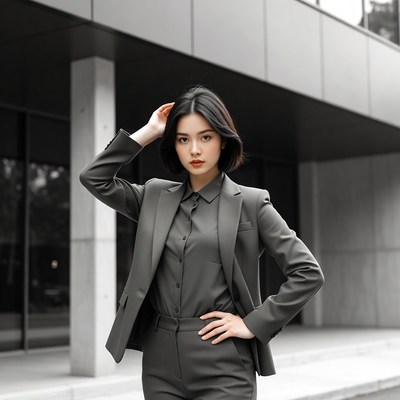 Asian woman in gray suit posing confidently