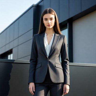 Woman in gray suit against building