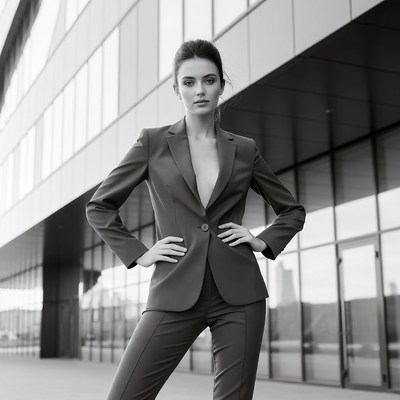 Woman in Suit Against Glass Building