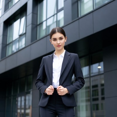 Woman in black suit against modern building
