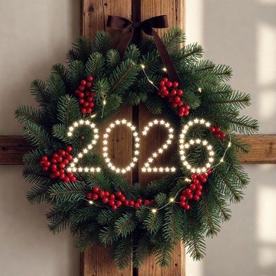 2026 Christmas Wreath on Wooden Door