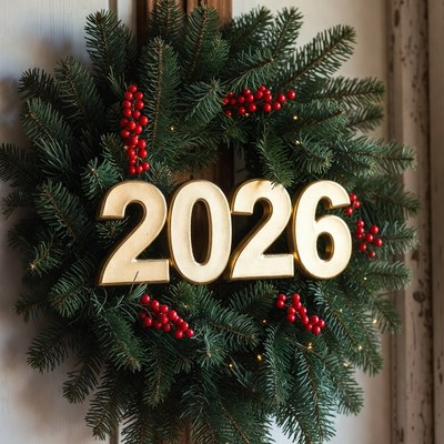 2026 Wreath with Pine Branches and Berries