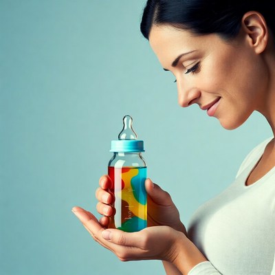 Woman holding colorful baby bottle