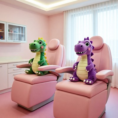 Green and Purple Dinosaur Plush Toys in Pink Room