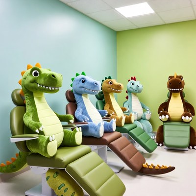 Colorful Dinosaur Plush Toys in Dentist Chairs