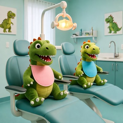 Two green dinosaur toys in dentist chairs