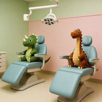 Green and Orange Dinosaurs in Dentist Chairs