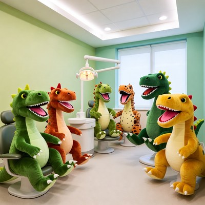 Colorful Dinosaur Plush Toys in Dentist Office