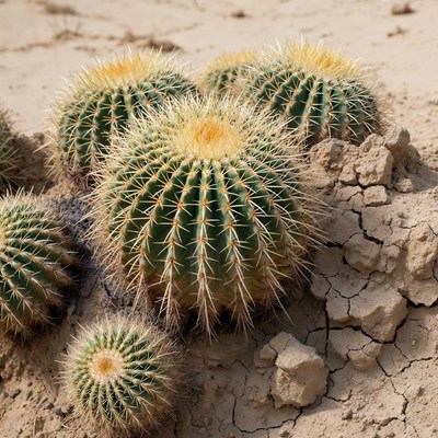 Golden Barrel Cacti in Desert Sand