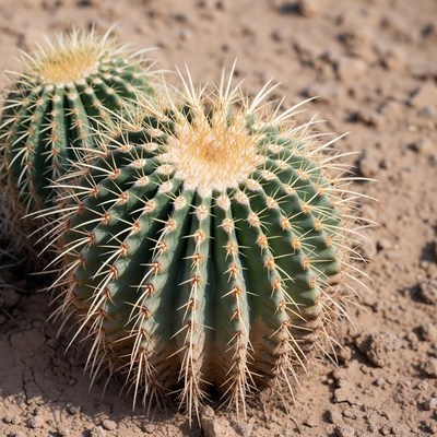 Two golden barrel cacti in desert