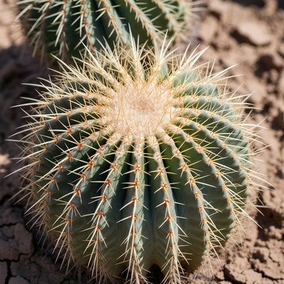Two Golden Barrel Cacti in Desert
