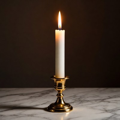 Lit White Candle on Brass Candlestick