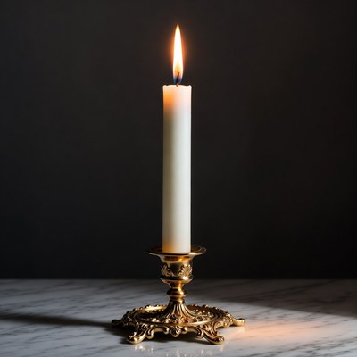 Lit White Candle in Brass Holder