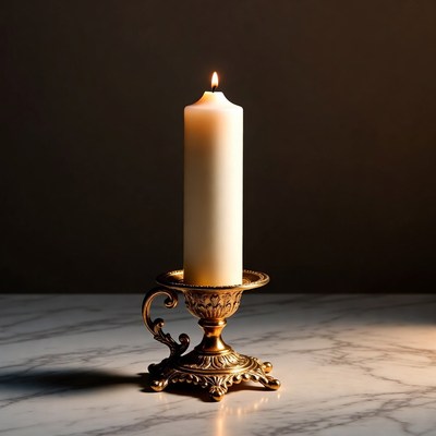 Lit Candle in Ornate Brass Holder
