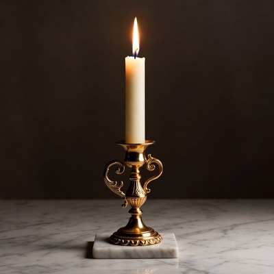 Burning Candle on Brass Candlestick