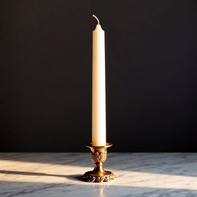 White Candle on Ornate Brass Candlestick