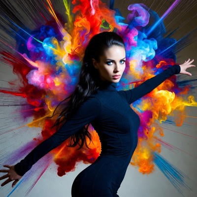 Woman in colorful paint explosion