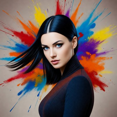 Woman with black hair in colorful paint splatter