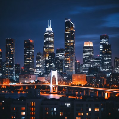 Night skyline with illuminated bridge