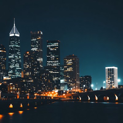 Night skyline with bridge and city lights