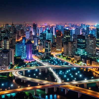 Vibrant Night Skyline with Bridges
