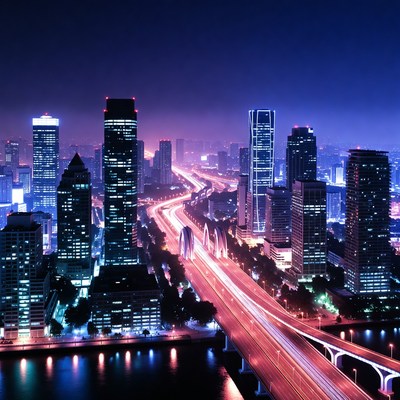 Vibrant Night Skyline with Highway