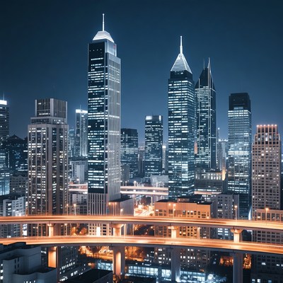 Shanghai skyline at night with bridge