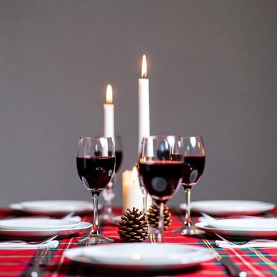 Festive Table with Red Wine and Candles