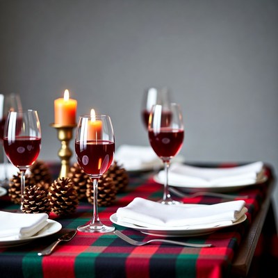Wine Glasses and Candles on Plaid Table