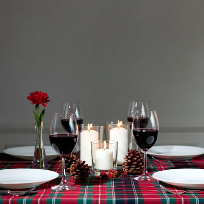 Romantic Red Plaid Table with Wine and Candles