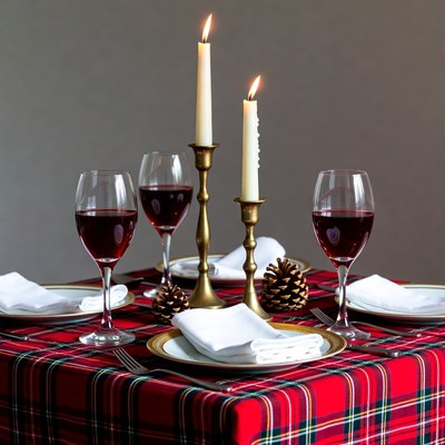 Red Wine Glasses and Candles on Plaid Table