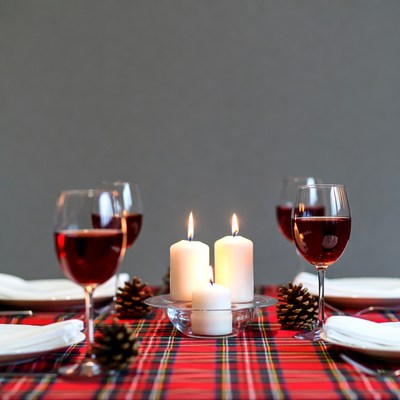 Red Wine Glasses and Candles on Plaid Table