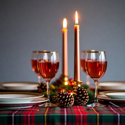 Red Wine Glasses and Candles on Christmas Table