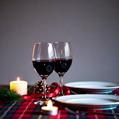 Two glasses of red wine on holiday table