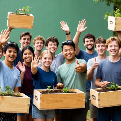 Diverse youth holding plant boxes