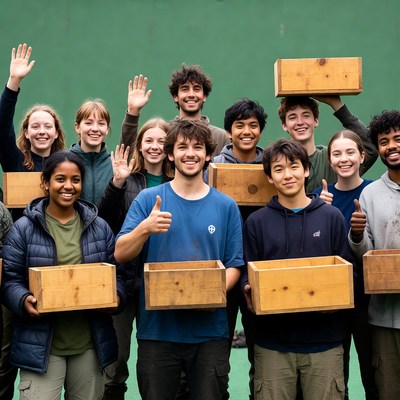 Diverse group holding wooden crates