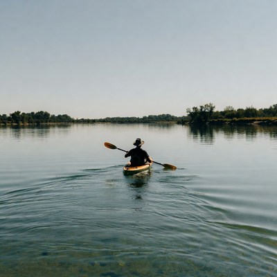 Man kayaking on calm river